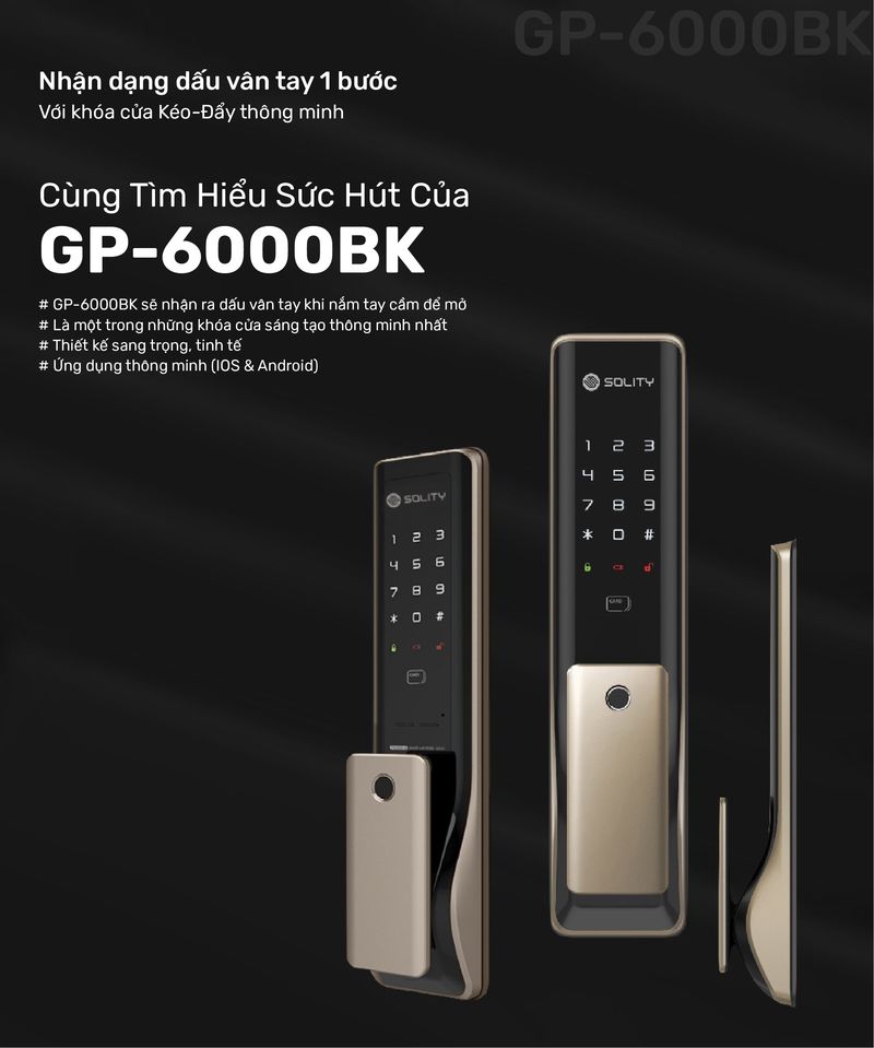 Khóa cửa điện tử vân tay Solity GP-6000BK, nhận dạng vân tay 1 bước